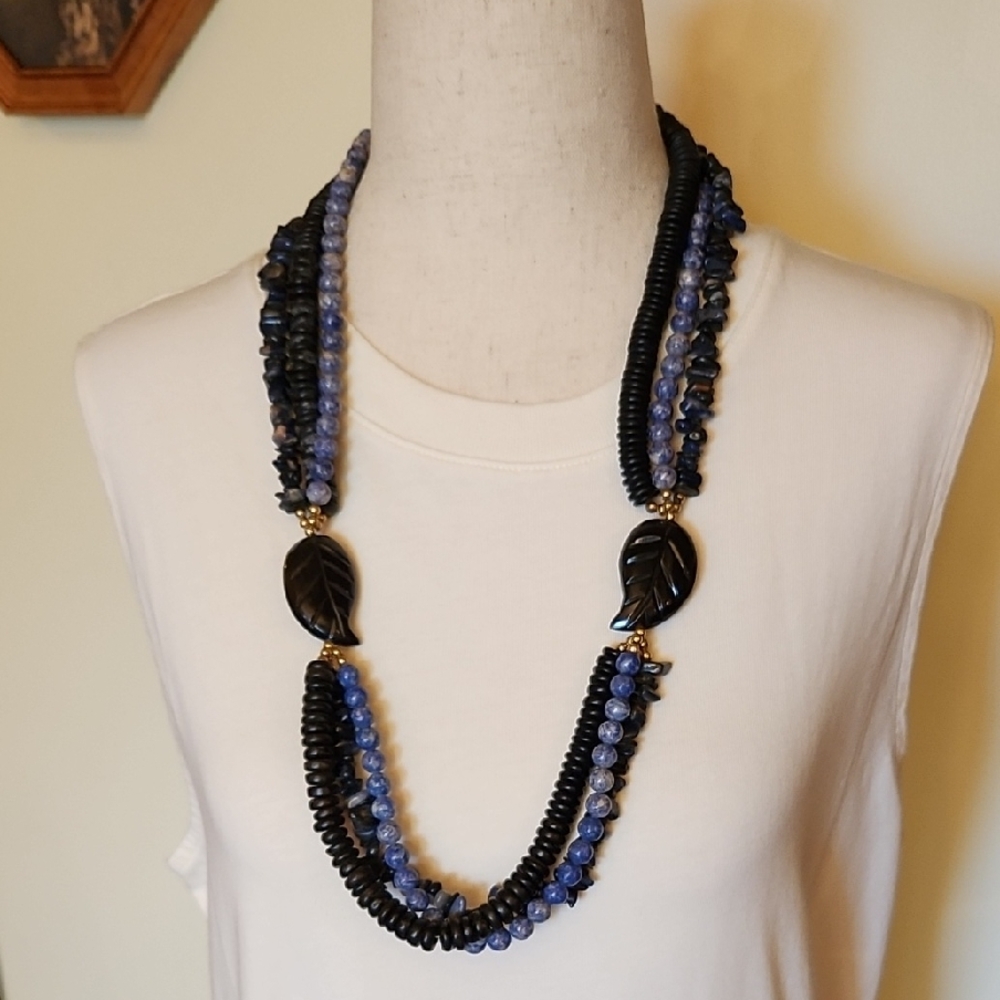 Bohemian Black and Blue Multi-Strand Necklace with Leaf Accents